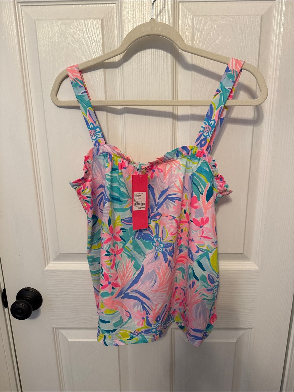 Brand New Lilly Pulitzer Bright Floral Ruffle-Trim Tank Top in Pink & Teal